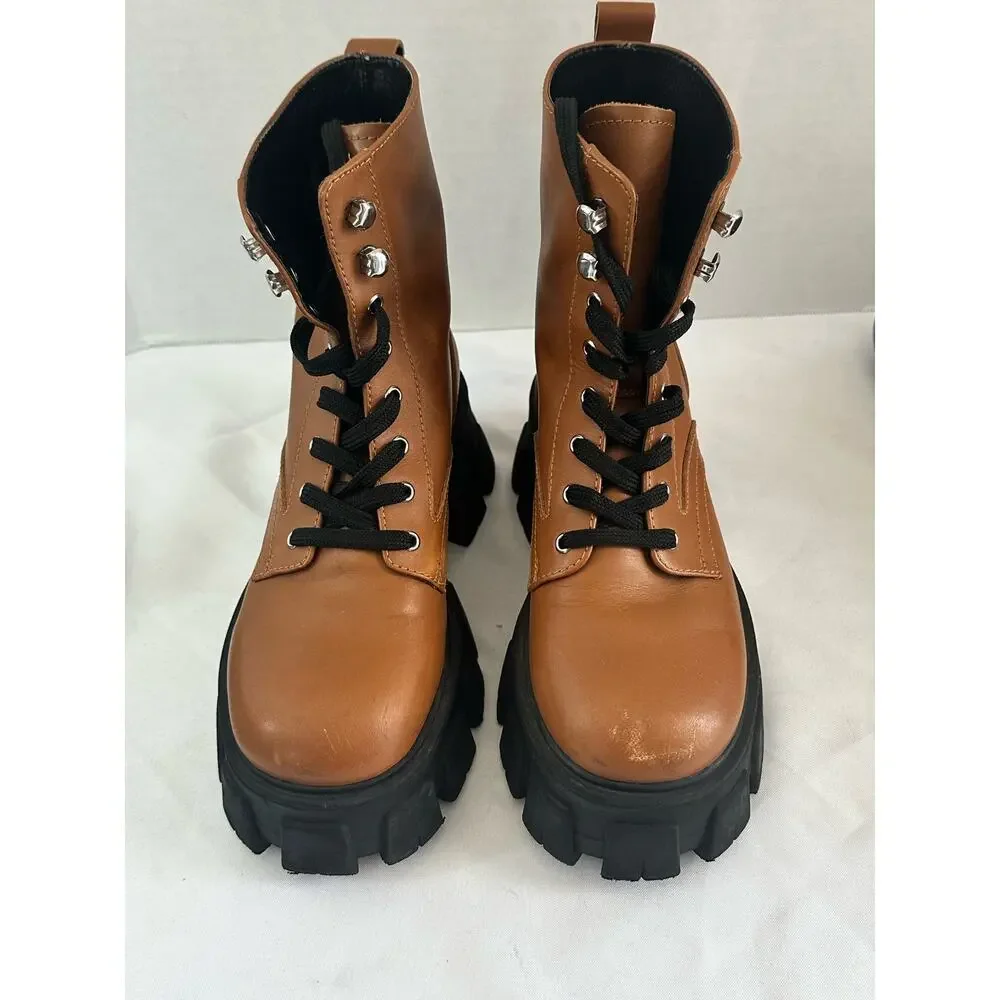 Marc Fisher LTD Happy Leather Boots Lace up Combat Tan Size 5.5 - Picture 1 of 11